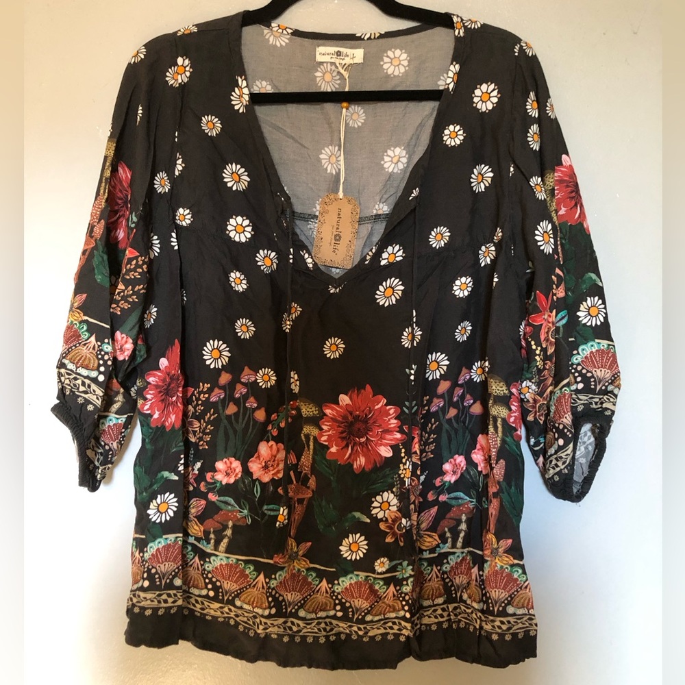 NATURAL LIFE Black Floral Border Peasant Blouse